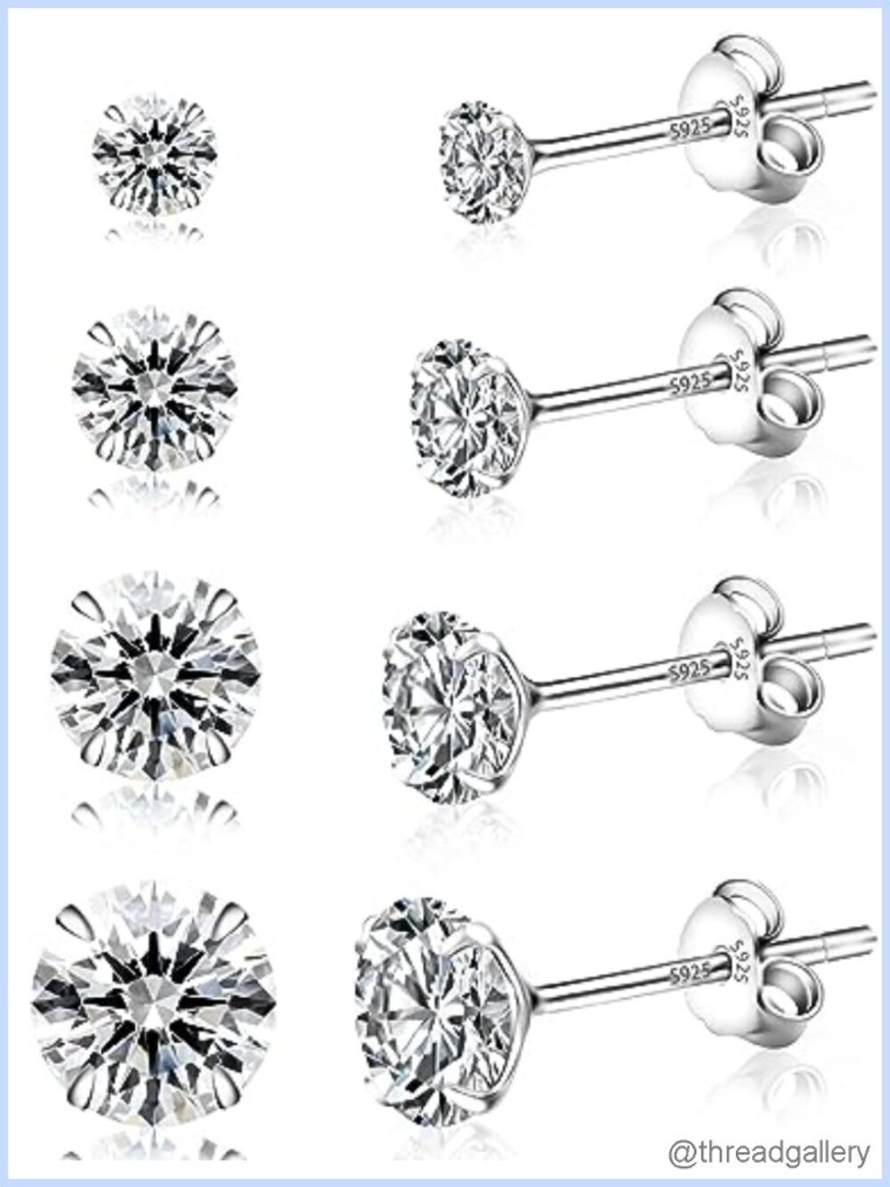4 Pairs 925 Sterling Silver Stud Earrings Cubic Zirconia 5A+ Set 3/4/5/6mm